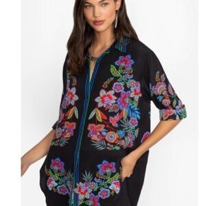 Johnny Was Floral Embroidered Black Button Down Shirt